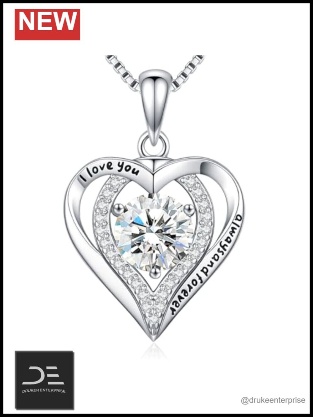 Moissanite Double Heart Pendant Necklace 925 Sterling Silver Rhodium Plated